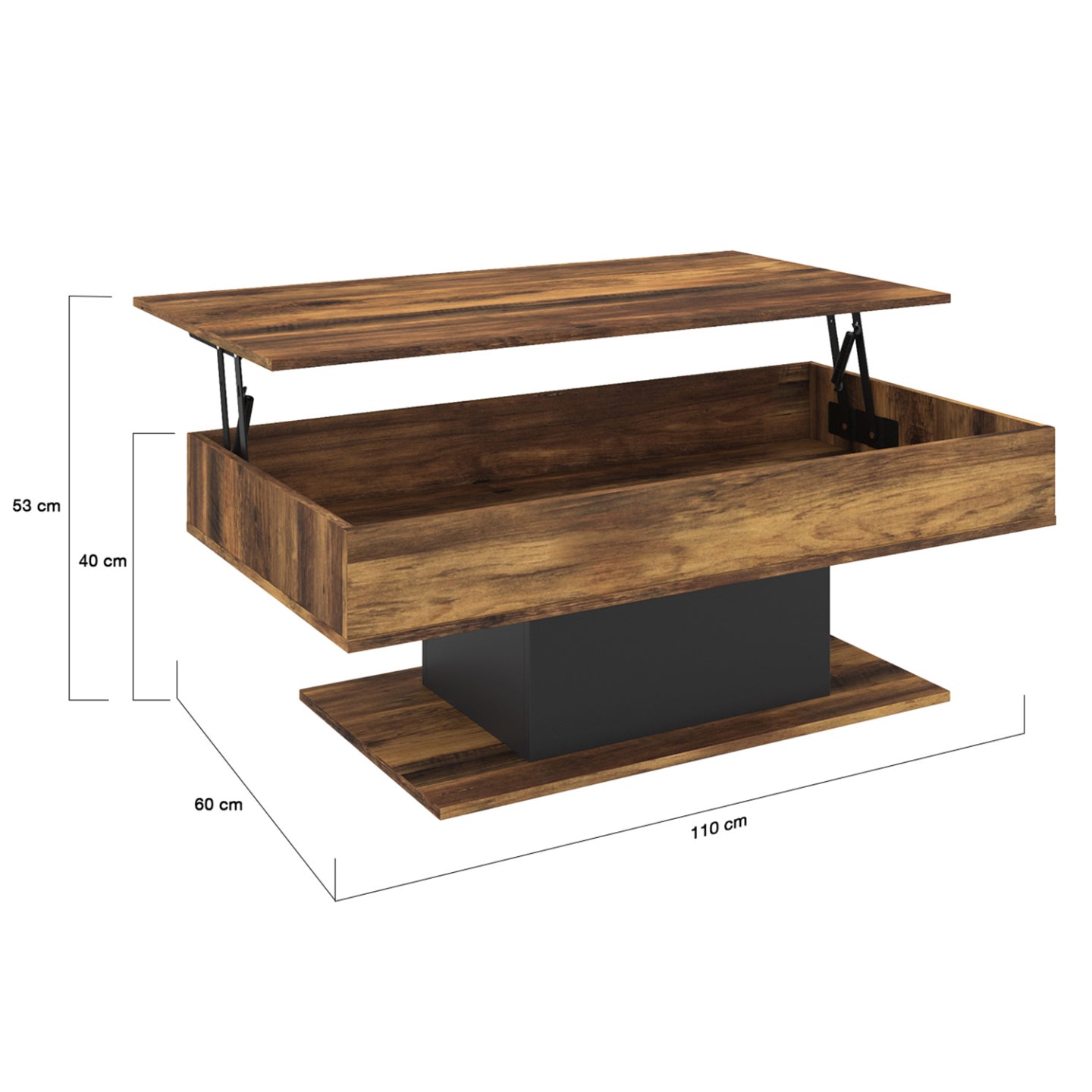 IDMarket - Mesa de centro EDEN con tablero elevable, madera oscura con efecto envejecido y negro