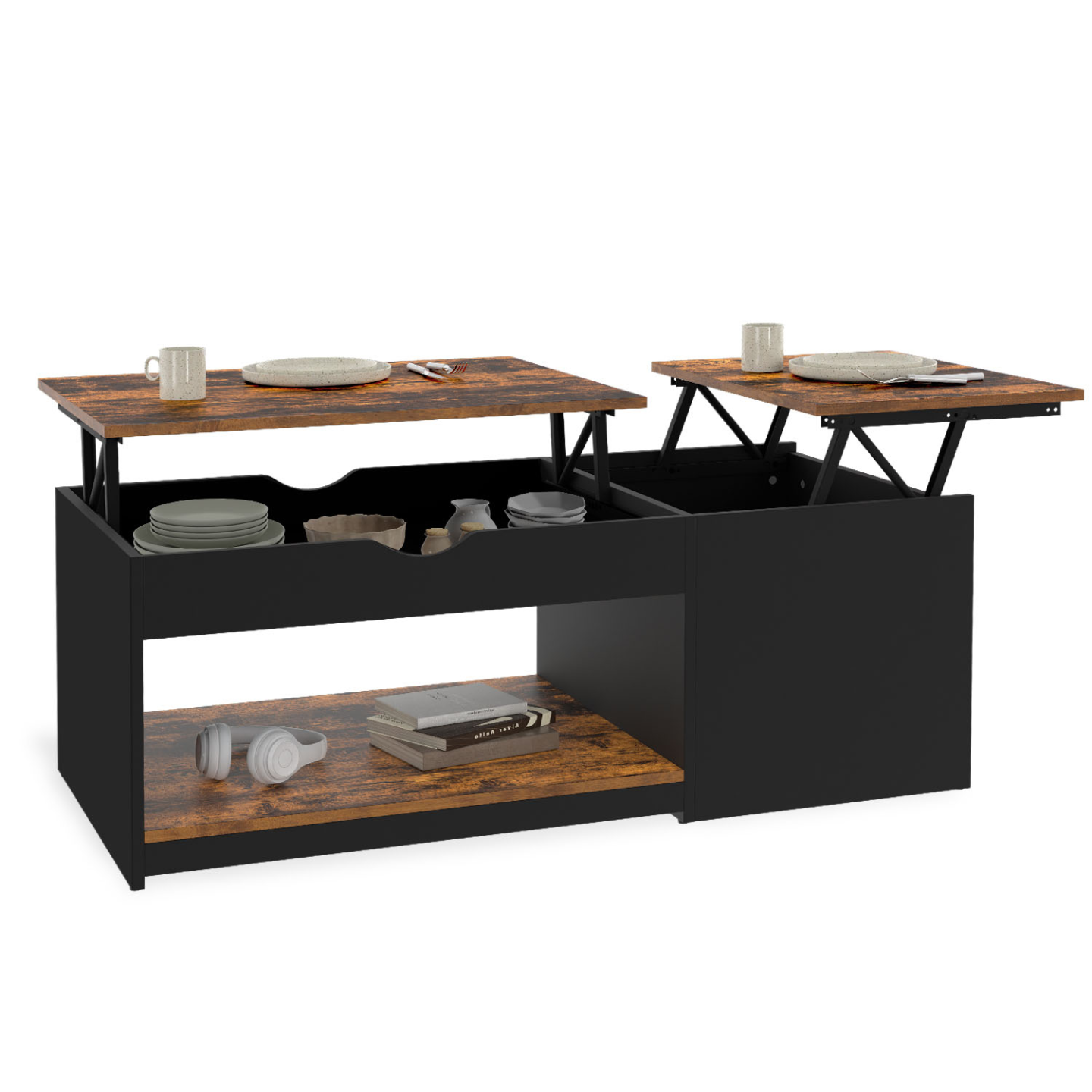 IDMarket - Mesa de centro ELEA con 2 tableros abatibles y estuche de madera oscura en efectos envejecido y negro