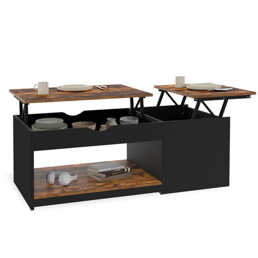 IDMarket - Mesa de centro ELEA con 2 tableros abatibles y estuche de madera oscura en efectos envejecido y negro