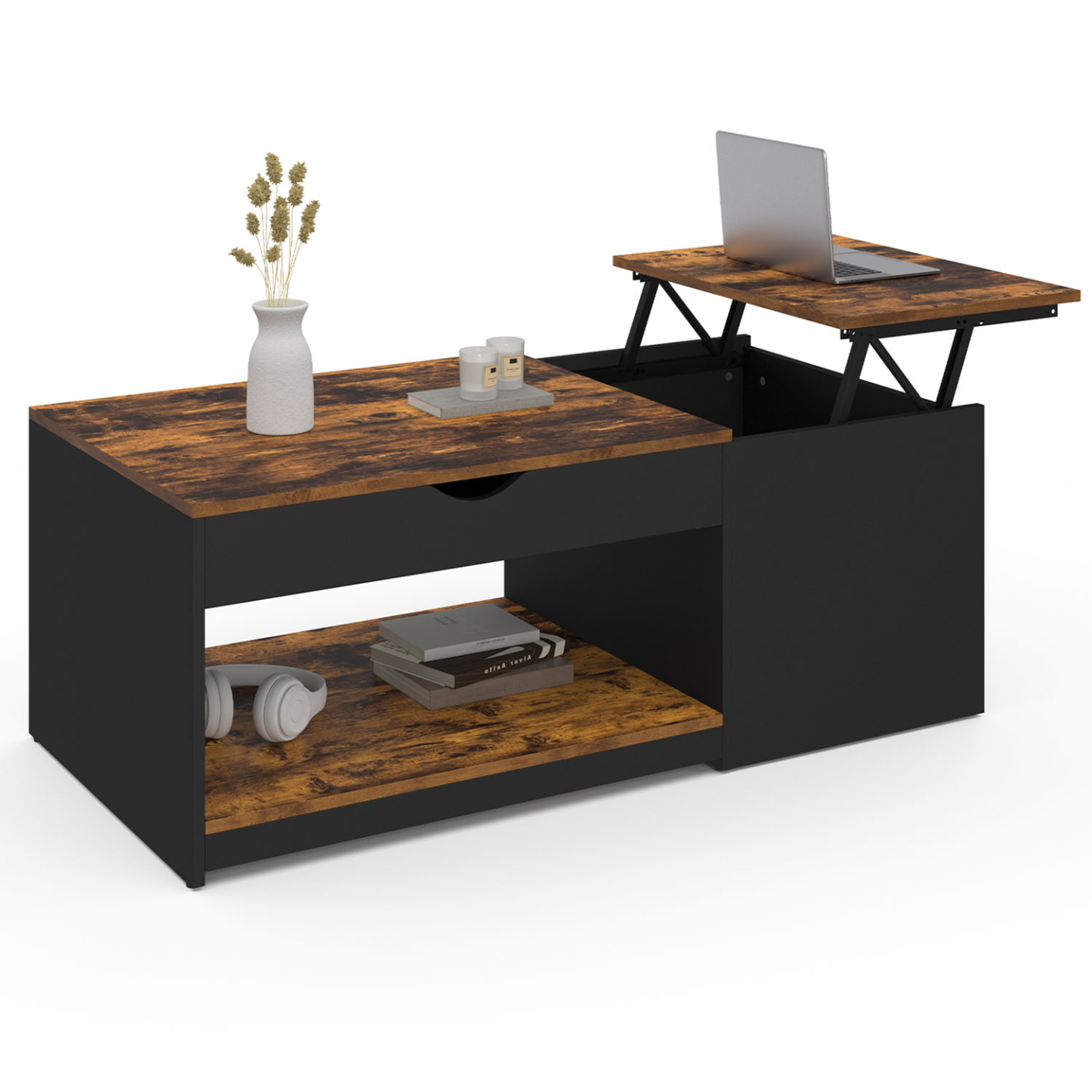 IDMarket - Mesa de centro ELEA con 2 tableros abatibles y estuche de madera oscura en efectos envejecido y negro