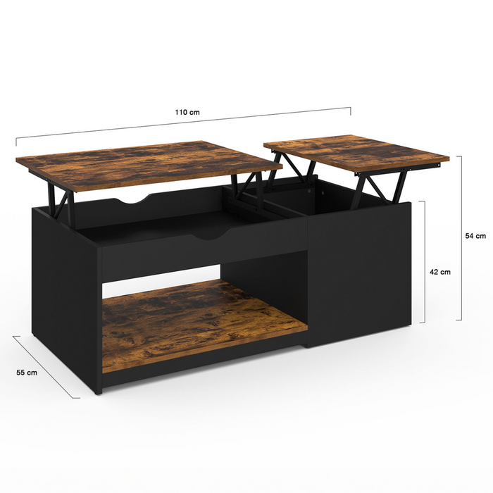 IDMarket - Mesa de centro ELEA con 2 tableros abatibles y estuche de madera oscura en efectos envejecido y negro