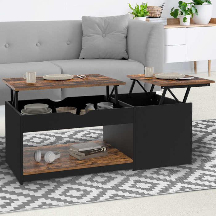 IDMarket - Mesa de centro ELEA con 2 tableros abatibles y estuche de madera oscura en efectos envejecido y negro