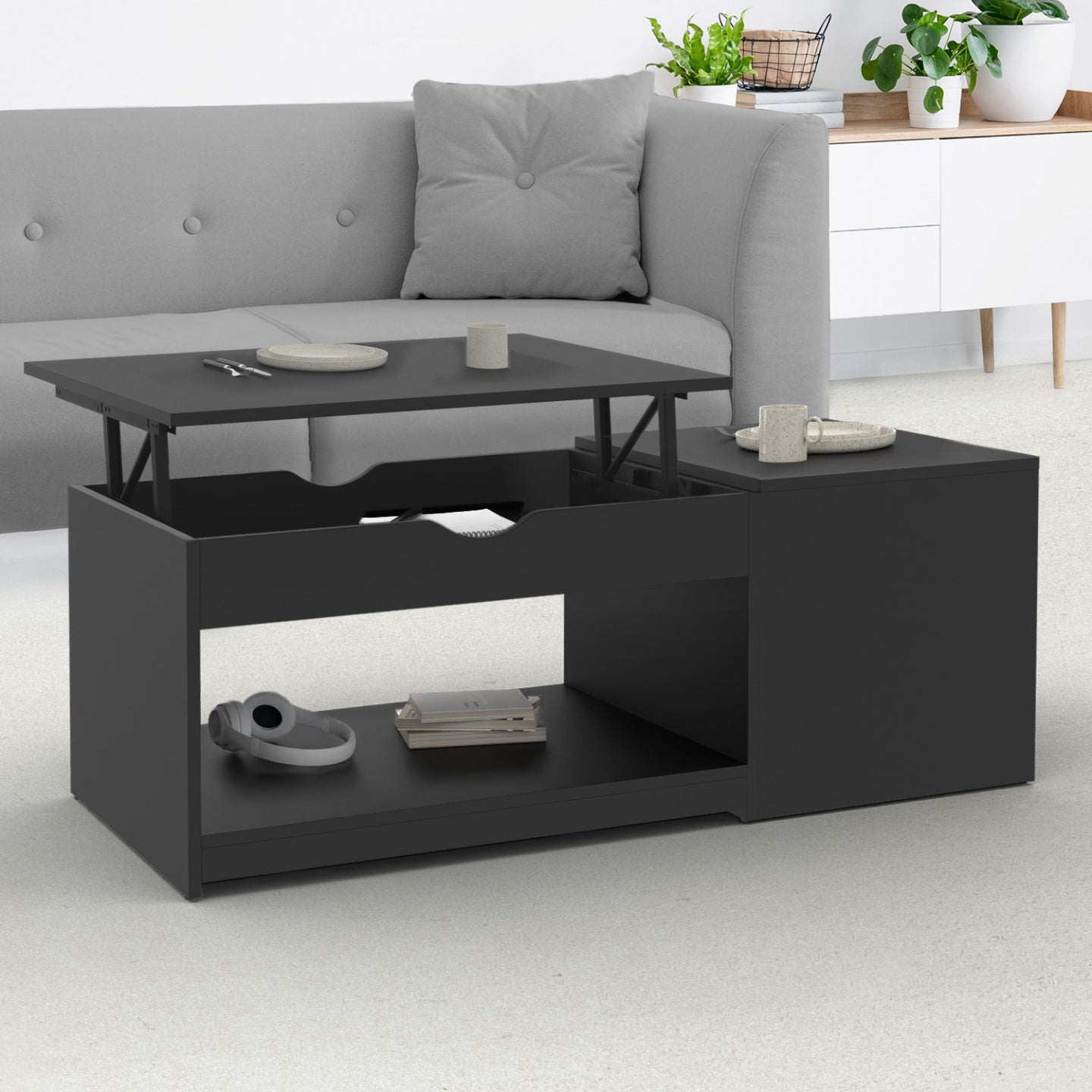 IDMarket - Mesa de centro elevable ELEA con estuche de madera negro