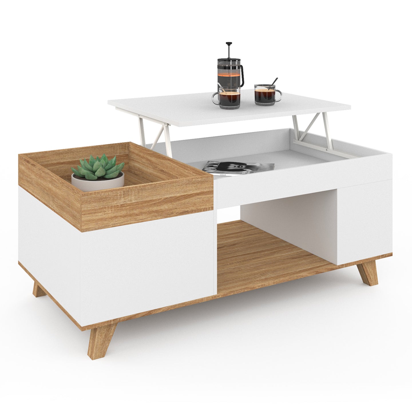 IDMarket - Mesa de centro elevable STELLA en madera y blanco con tablero extraíble