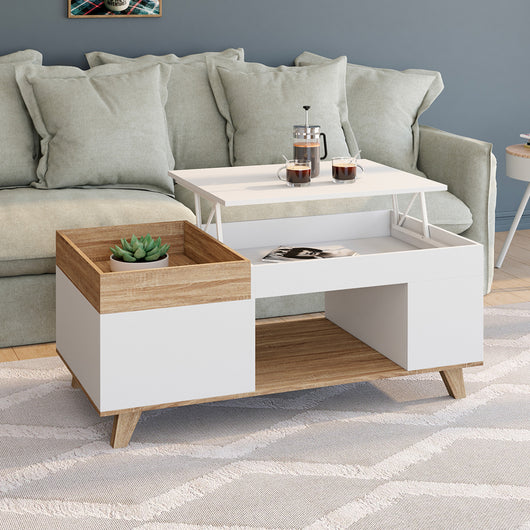IDMarket - Mesa de centro elevable STELLA en madera y blanco con tablero extraíble