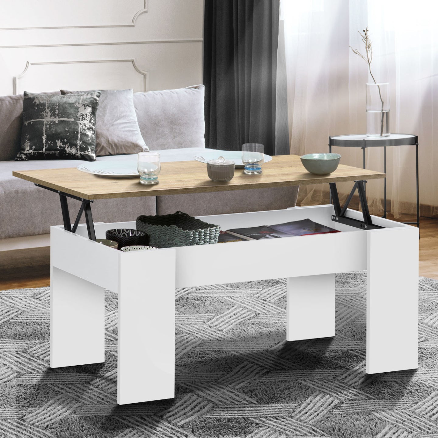 IDMarket - Mesa de centro elevable TARA de madera blanca e imitación de haya