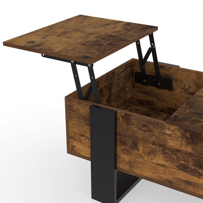 IDMarket - Mesa de centro PHOENIX con 2 tableros elevables en madera envejecida y negro