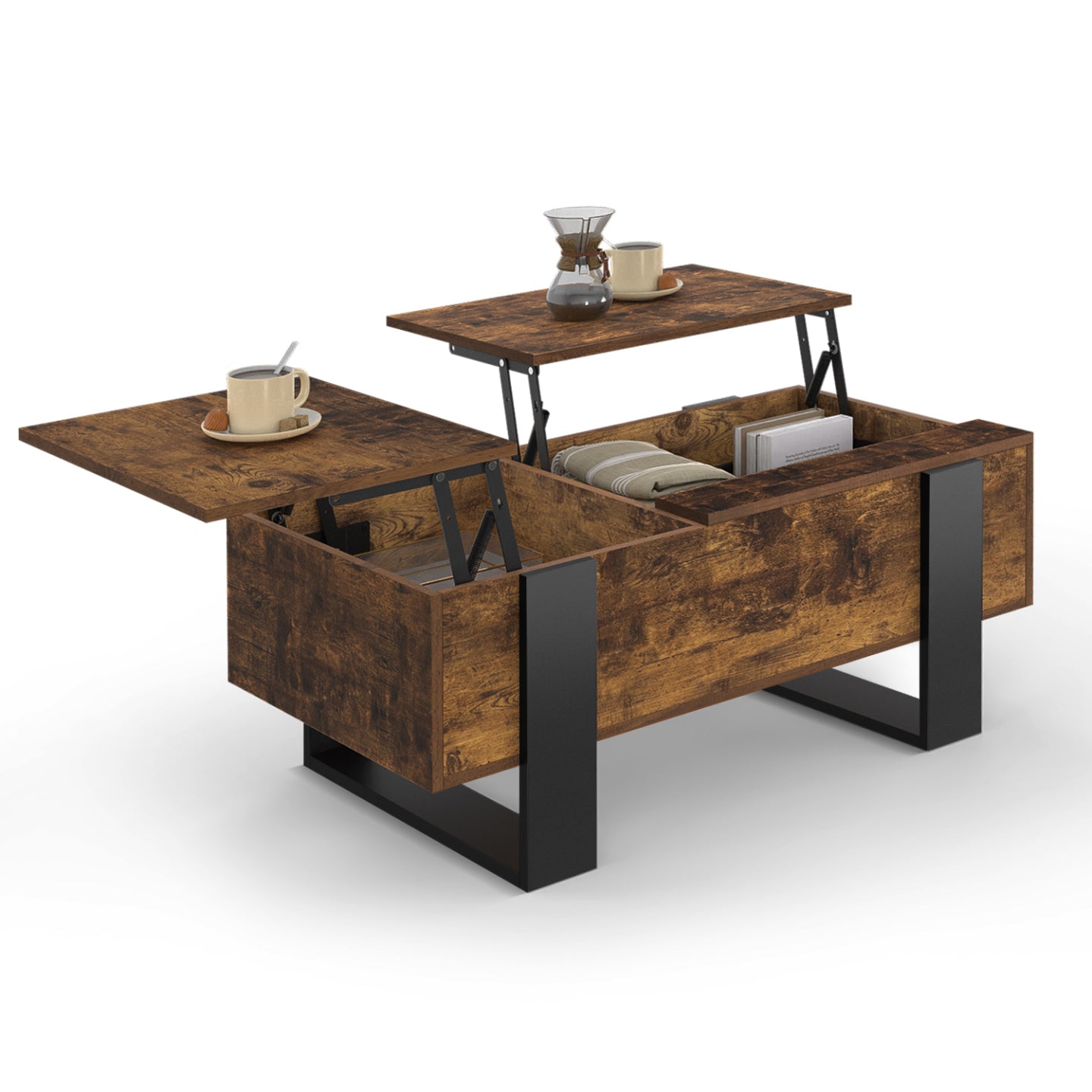 IDMarket - Mesa de centro PHOENIX con 2 tableros elevables en madera envejecida y negro