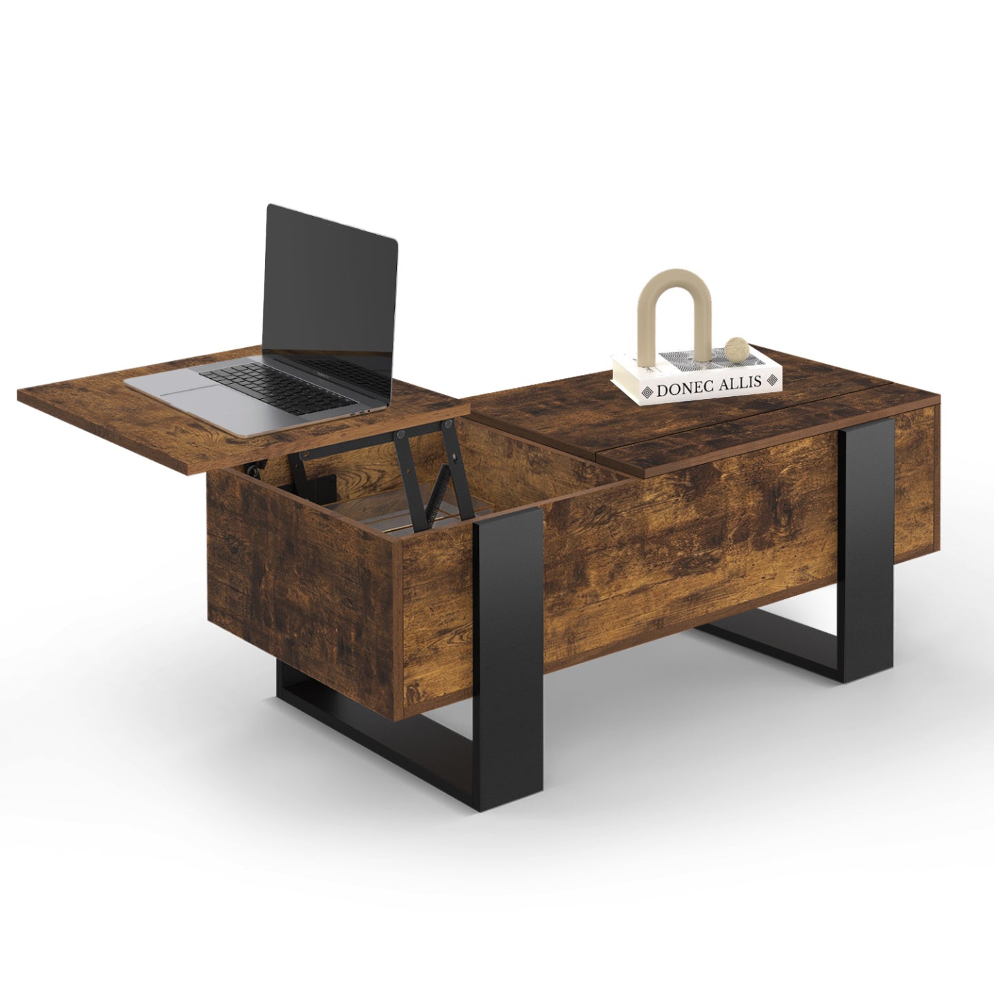 IDMarket - Mesa de centro PHOENIX con 2 tableros elevables en madera envejecida y negro