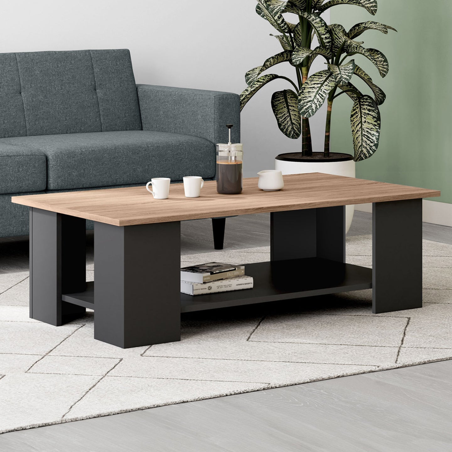 IDMarket - Mesa de centro rectangular negra ELI con tablero de aspecto haya 100 cm