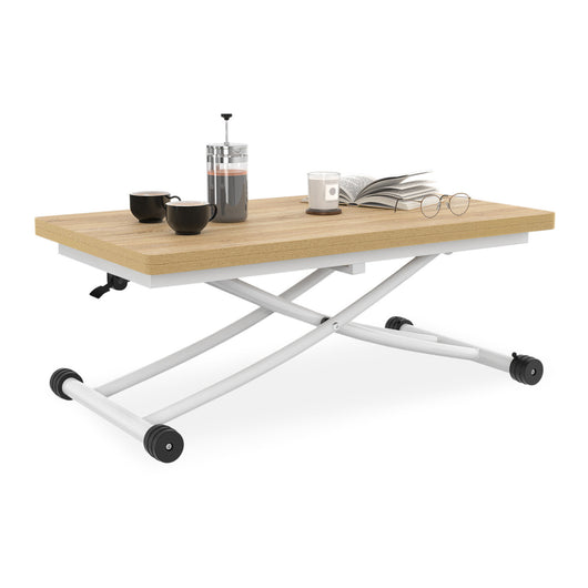 IDMarket - Mesa de centro URBANA, convertible en mesa de comedor, con tablero de madera de haya y base blanca