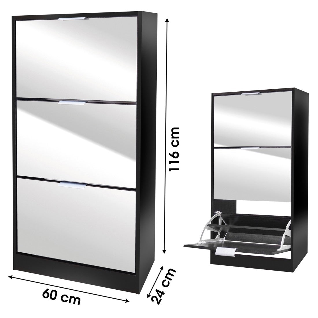 Mobile per scarpe stile design - Colore nero con facciata a specchio - 60x24x116 cm - Collezione REFLEXIO