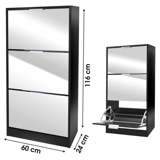 Mobile per scarpe stile design - Colore nero con facciata a specchio - 60x24x116 cm - Collezione REFLEXIO