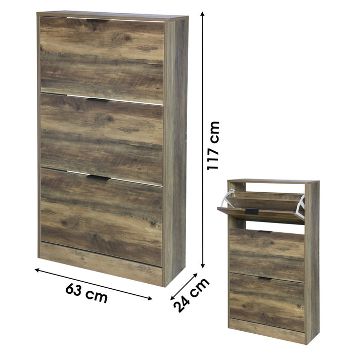 Mobile porta scarpe stile rustico collezione JAYCE - Colore rovere invecchiato, dimensioni 63x24x117 cm