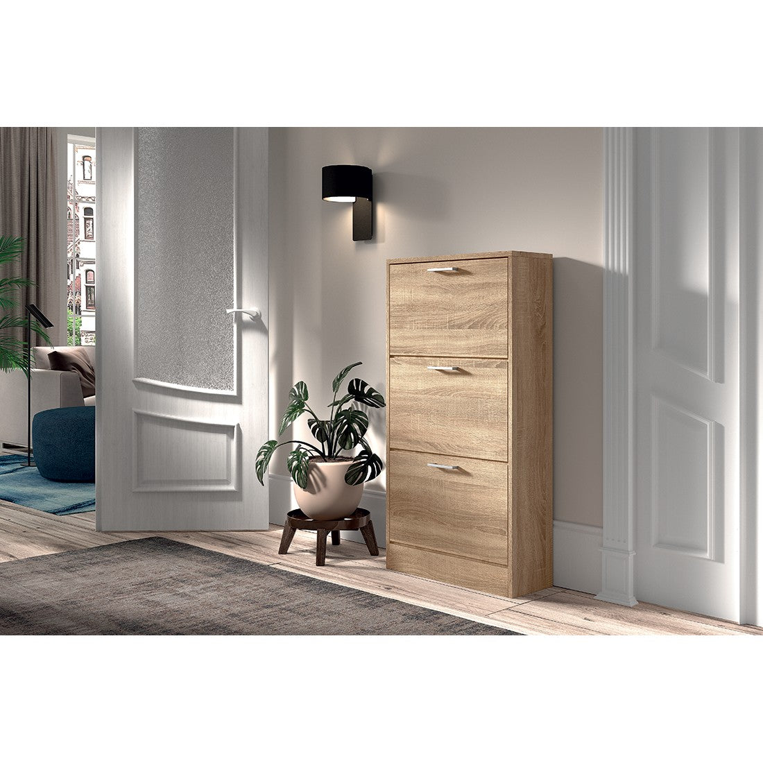Mobile portascarpe verticale ERA, 3 cassetti colore rovere sonoma