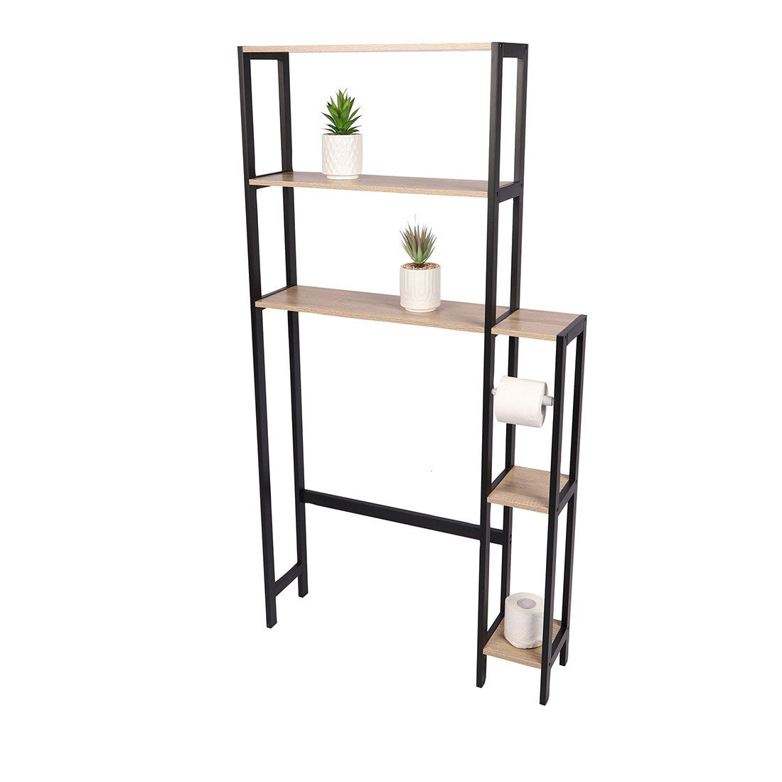 Mobiletto contorno WC HOLBORN in quercia e nero con scaffali - Design industriale e pratico