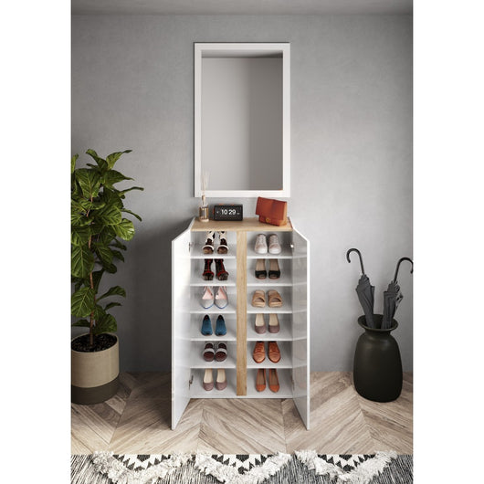 Mobile contenitore con 2 ante e 5 ripiani regolabili, collezione KEY, colore bianco lucido laccato e rovere cadiz.