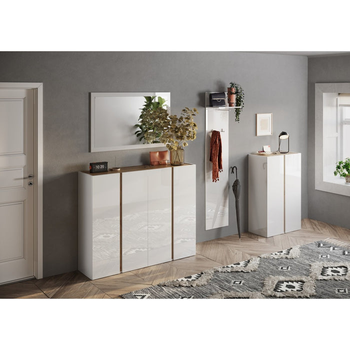 Mobile contenitore con 4 ante e 10 ripiani regolabili, collezione KEY, in color bianco lucido e rovere cadiz.