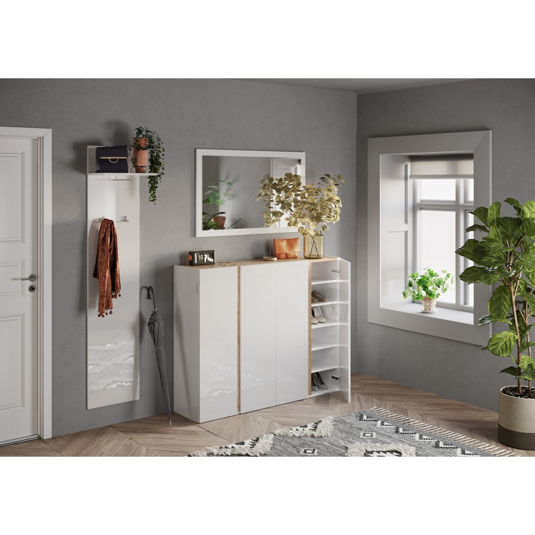 Mobile contenitore con 4 ante e 10 ripiani regolabili, collezione KEY, in color bianco lucido e rovere cadiz.