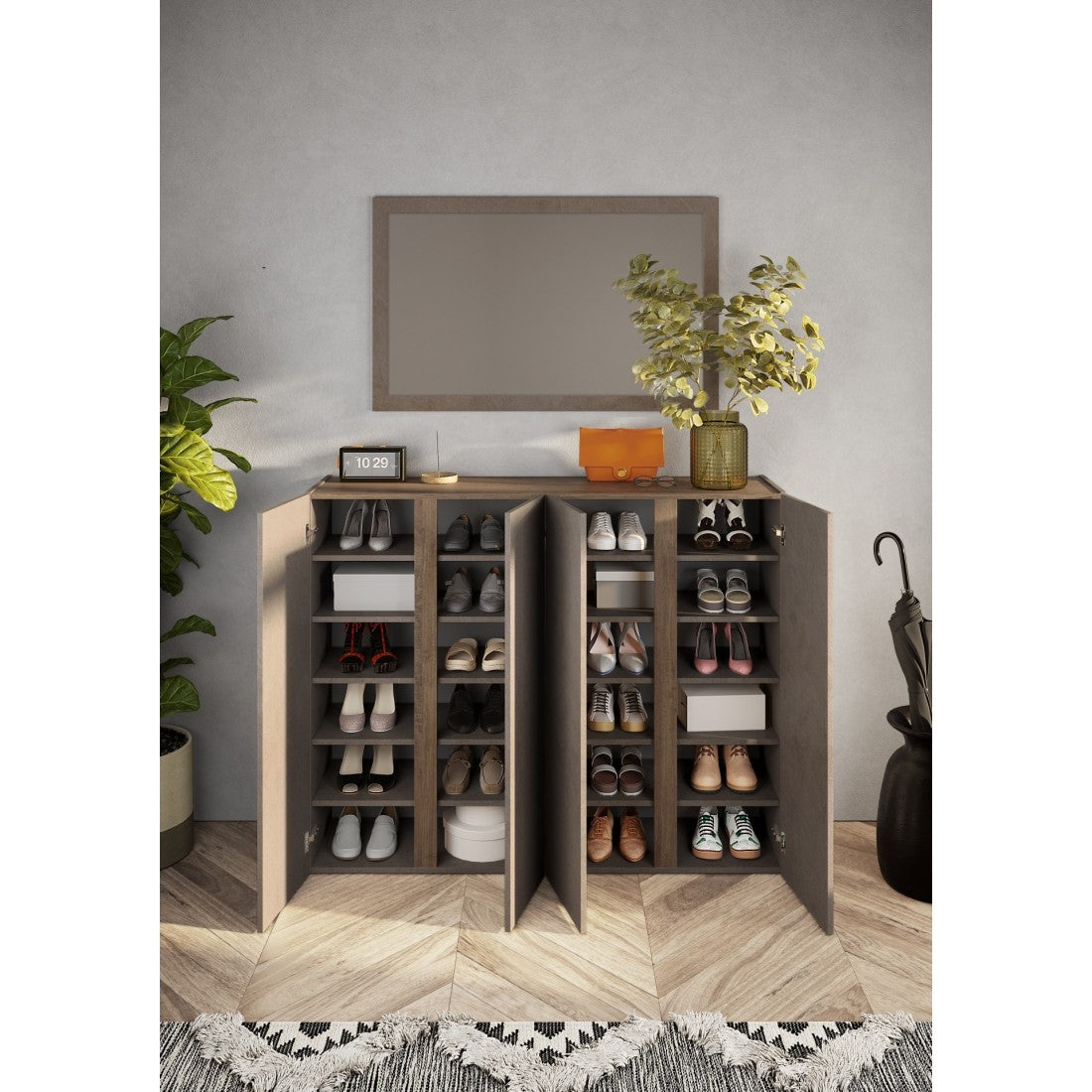 Mobile contenitore con 4 ante e 10 ripiani regolabili, collezione KEY, colore marrone e rovere.