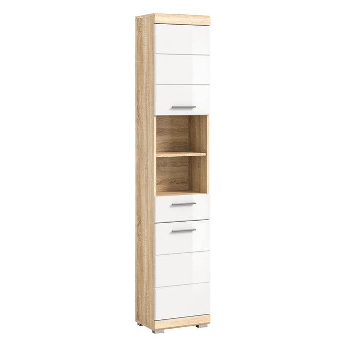 Colonna da bagno RIDLEY – 2 porte, 1 cassetto e 2 nicchie visibili – Bianco e rovere chiaro
