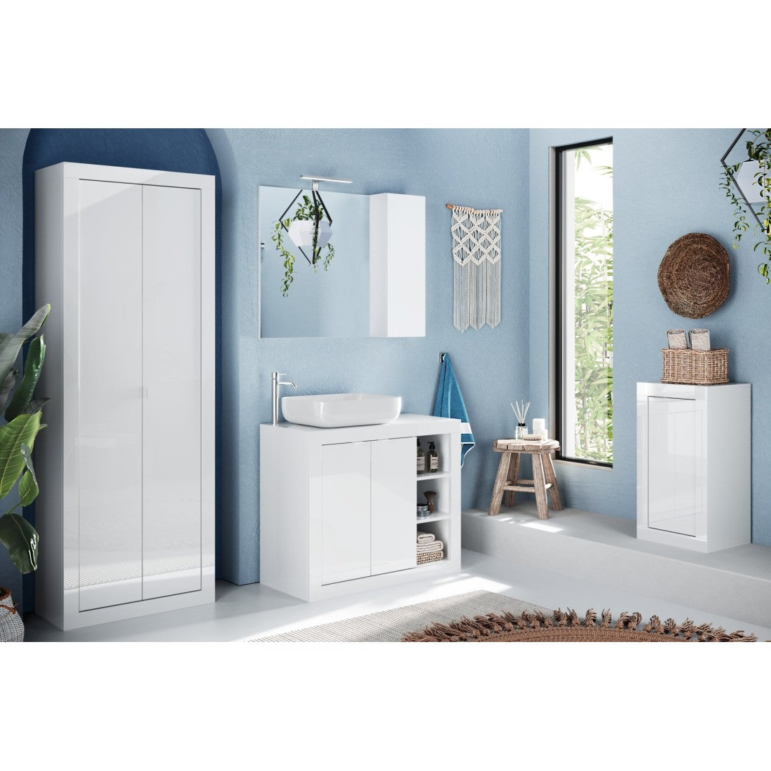 Mobile da rangimento ISORA – 1 porta, 2 scaffali – Bianco lucido laccato – Design moderno