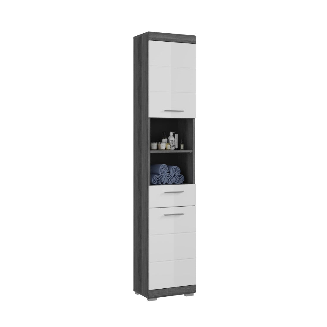 Colonna da bagno SCOTT – 2 porte e 1 cassetto – Grigio scuro e bianco – 37x191x31 cm