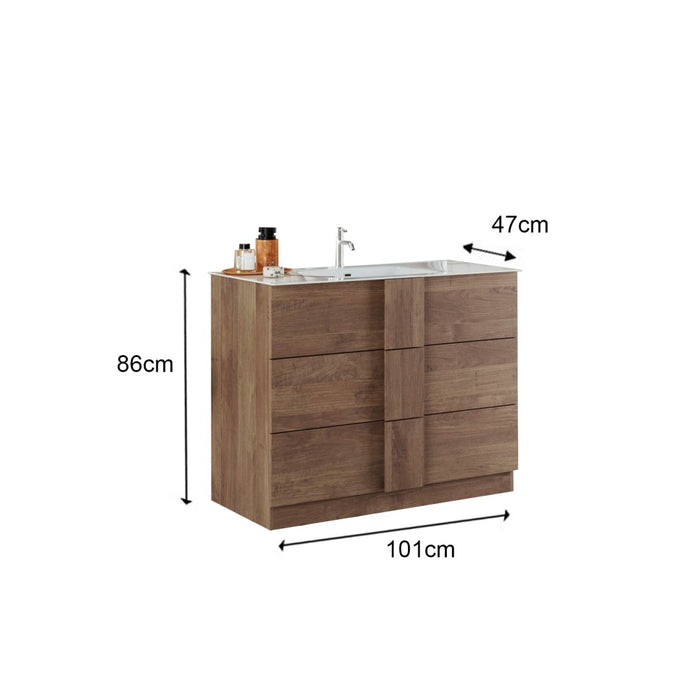 Mobile da bagno con 1 lavabo e 3 cassetti, lunghezza 101cm, collezione FRASSI. Colore rovere chiaro.