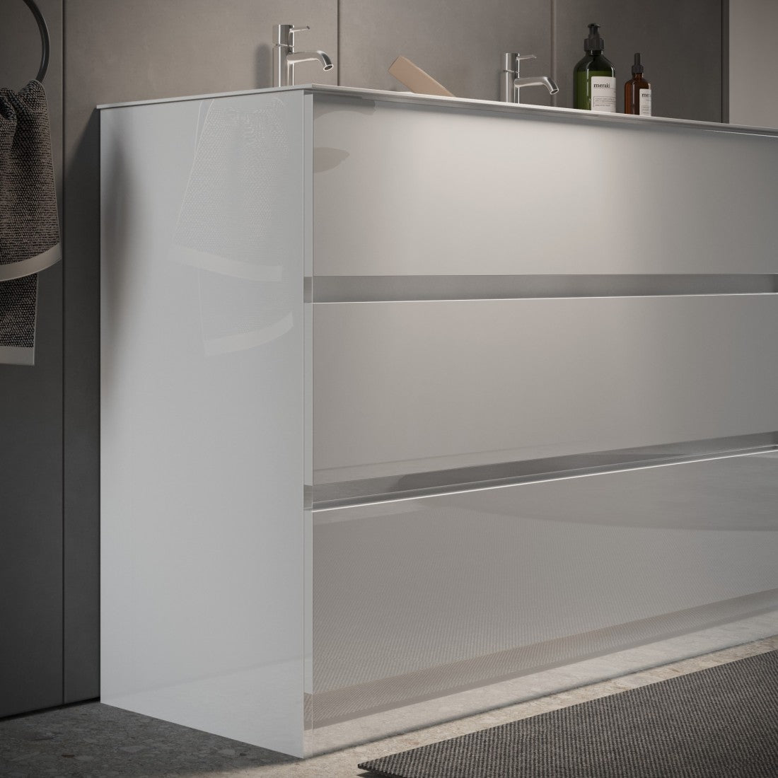 Mobile da bagno con due lavabi e 3 cassetti, collezione VIENNA. Colore bianco lucido.
