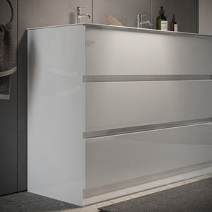 Mobile da bagno con due lavabi e 3 cassetti, collezione VIENNA. Colore bianco lucido.