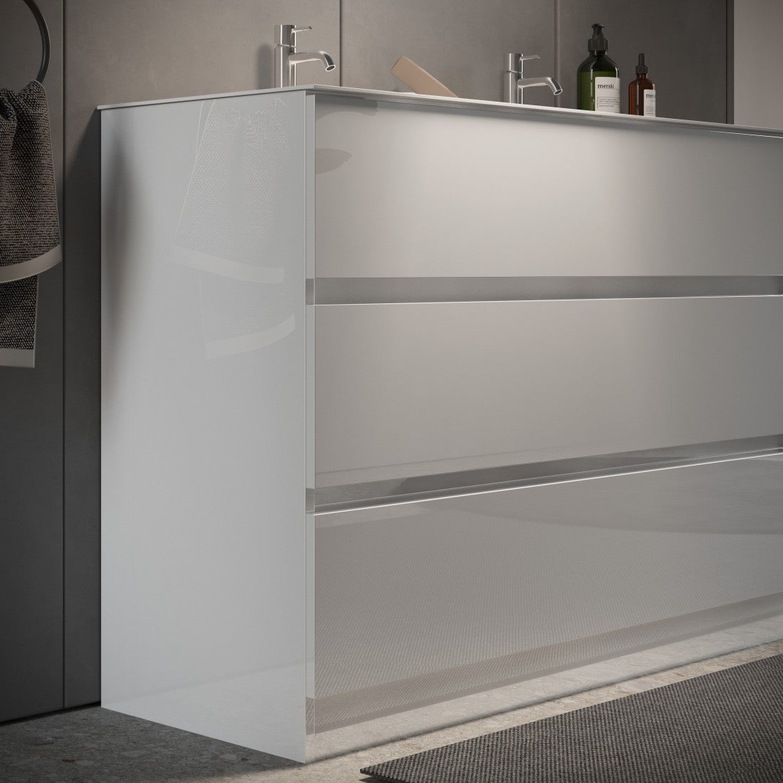 Mobile da bagno con due lavabi e 3 cassetti, collezione VIENNA. Colore bianco lucido.