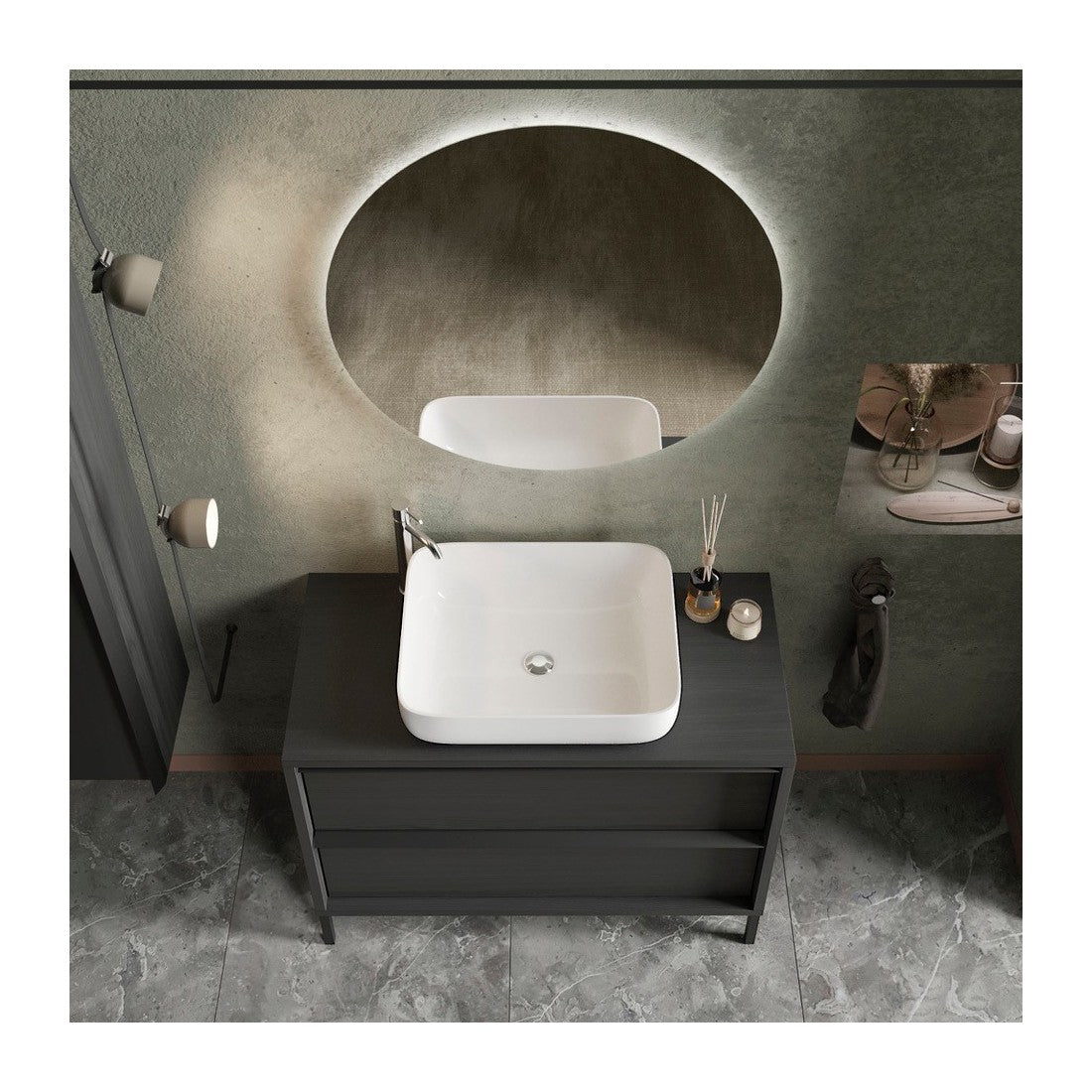Mobile da bagno con lavandino e 2 cassetti, collezione FRASSI. Colore nero cenere.
