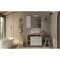 Mobile da bagno con un lavabo e 2 cassetti, lunghezza 92cm, collezione BURA. Colori bianco lucido e rovere chiaro.