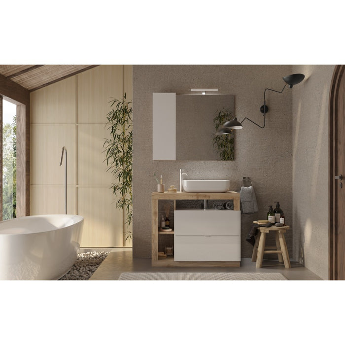 Mobile da bagno con un lavabo e 2 cassetti, lunghezza 92cm, collezione BURA. Colori bianco lucido e rovere chiaro.