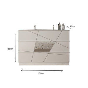 Mobile da bagno con un lavabo e 3 cassetti, collezione VITARIO. Colore bianco lucido.