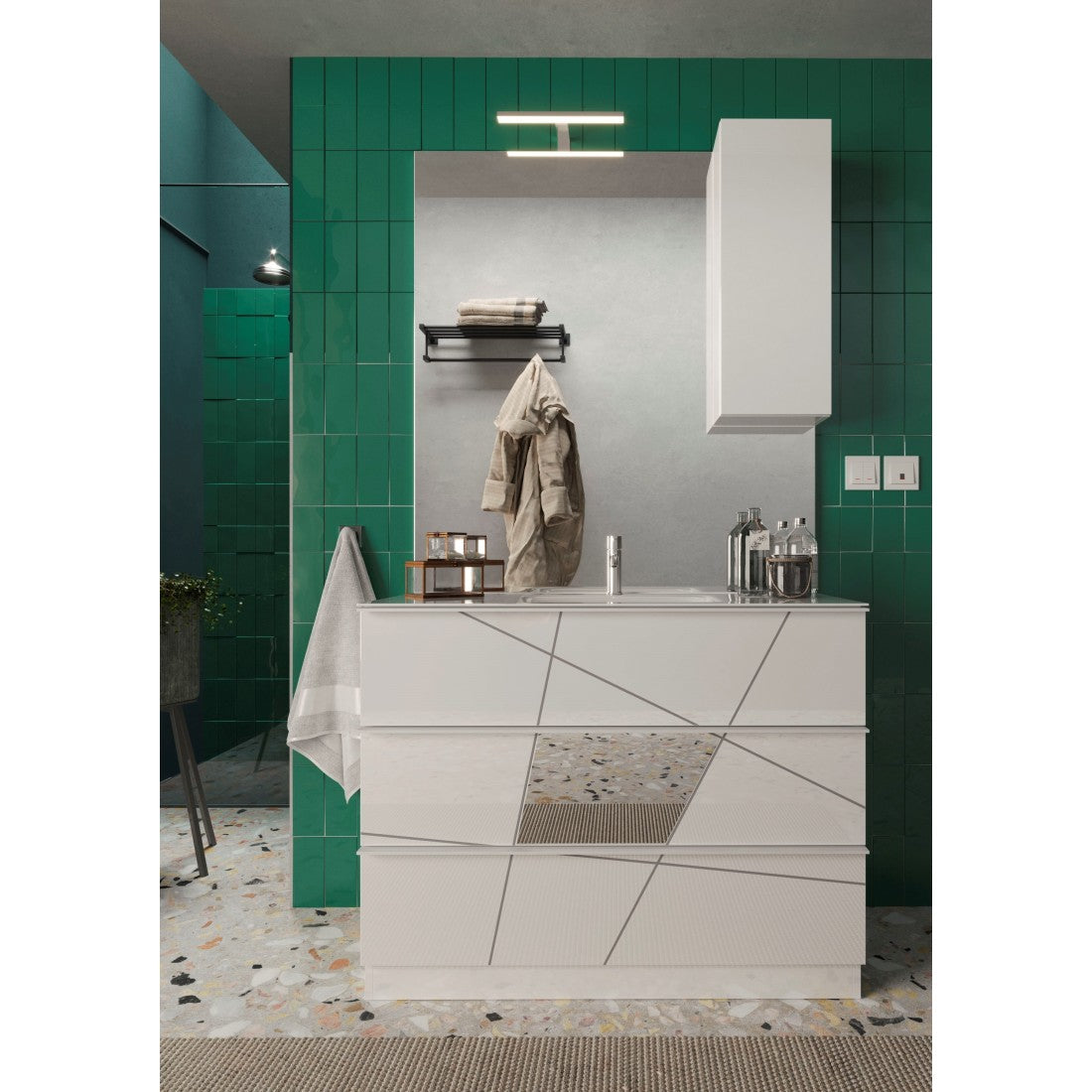 Mobile da bagno con un lavabo e 3 cassetti, collezione VITARIO. Colore bianco lucido.
