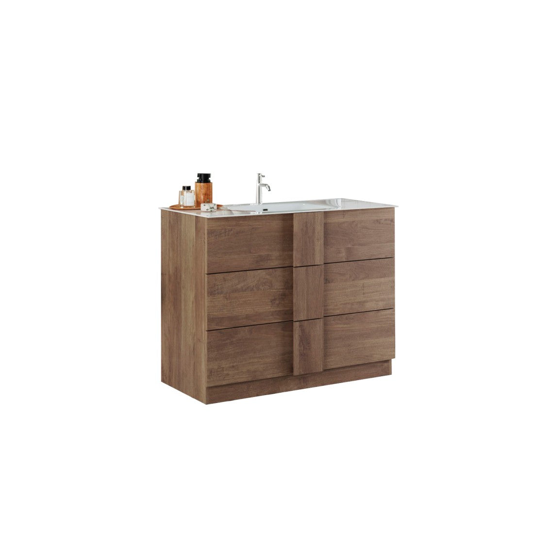 Mobile da bagno con un lavabo e 3 cassetti, lunghezza 82cm, collezione FRASSI. Colore rovere chiaro.