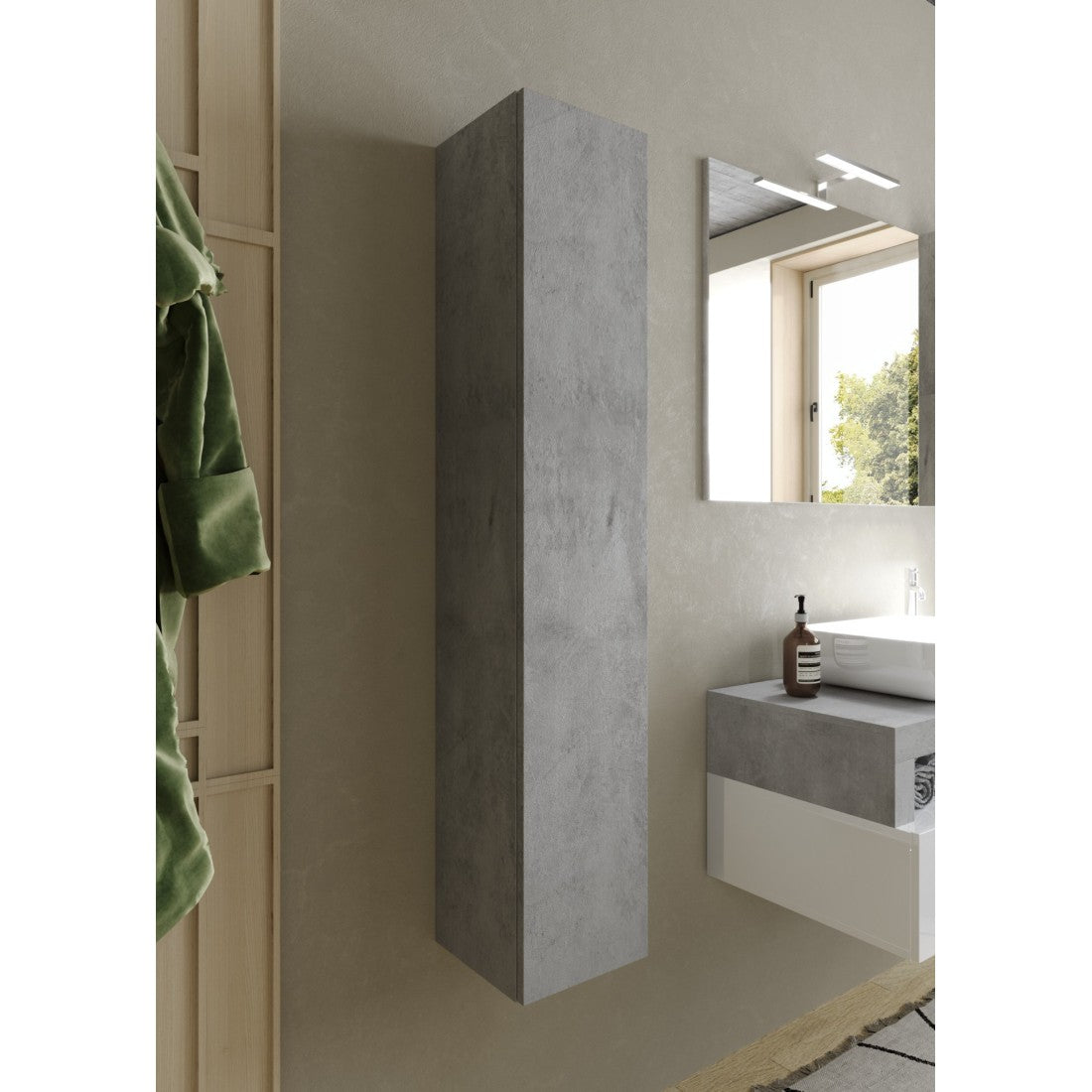 Mobile bagno sospeso, 1 porta, collezione BURA. Colore cemento.