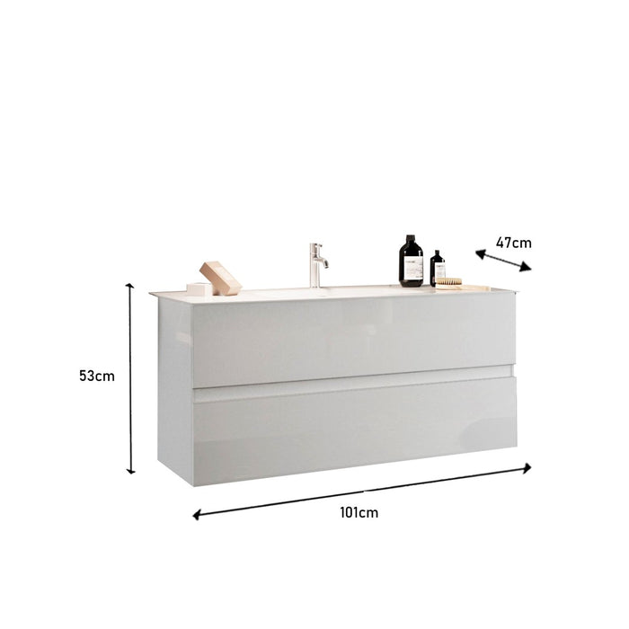 Mobile da bagno sospeso con 1 lavabo e 2 cassetti, collezione VIENNA. Colore bianco lucido.
