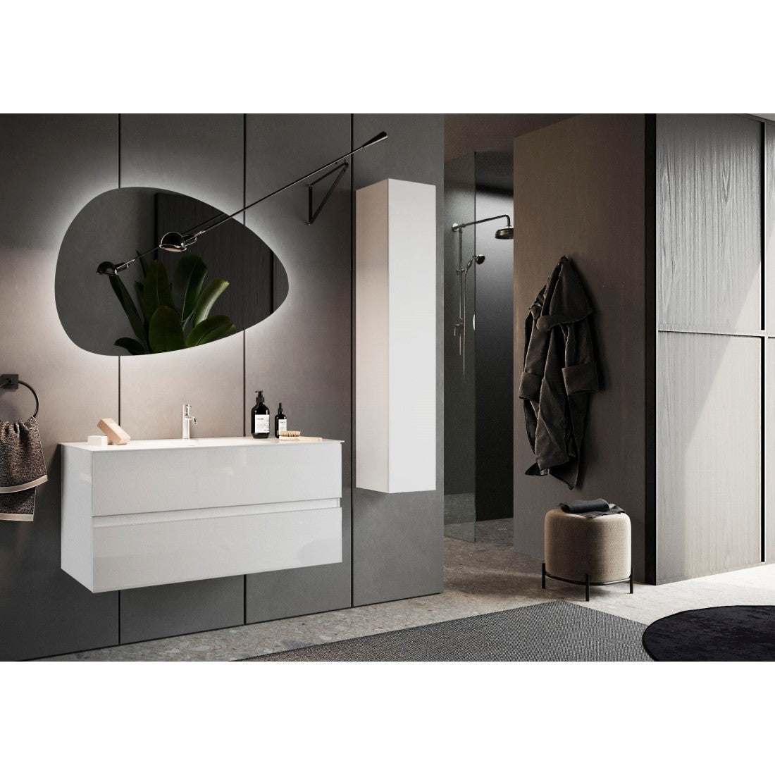 Mobile da bagno sospeso con 1 lavabo e 2 cassetti, collezione VIENNA. Colore bianco lucido.