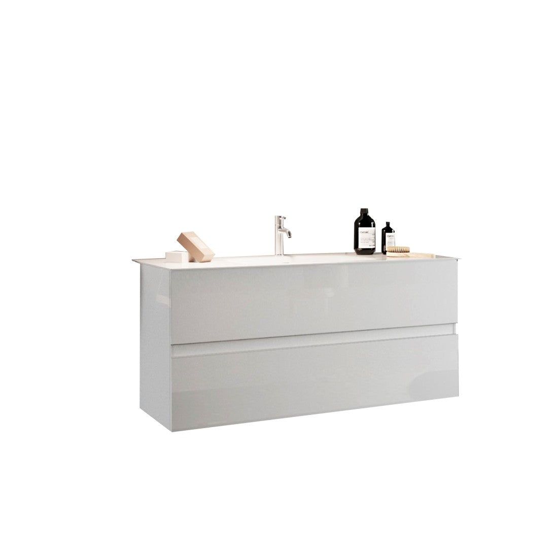 Mobile da bagno sospeso con 1 lavabo e 2 cassetti, collezione VIENNA. Colore bianco lucido.