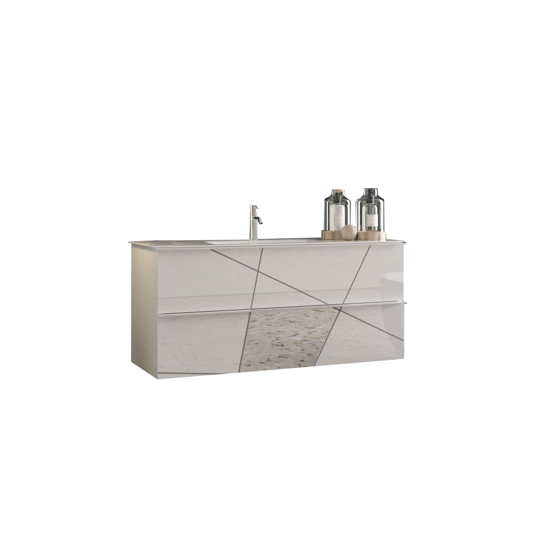Mobile da bagno sospeso con 1 lavabo e 2 cassetti, collezione VITARIO. Colore bianco lucido.