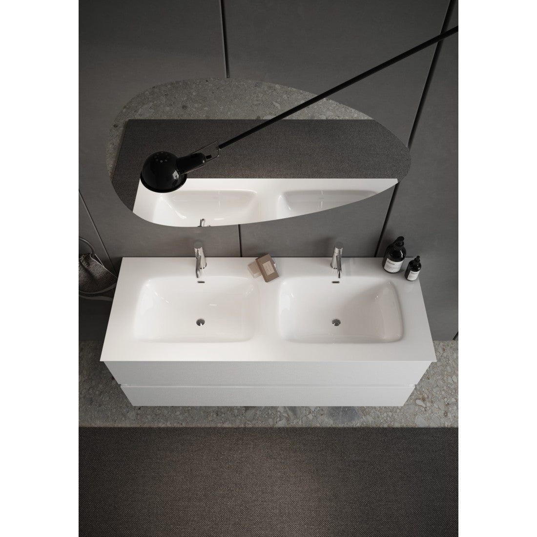 Mobile da bagno sospeso con due lavabi e 2 cassetti, collezione VIENNA. Colore bianco lucido.