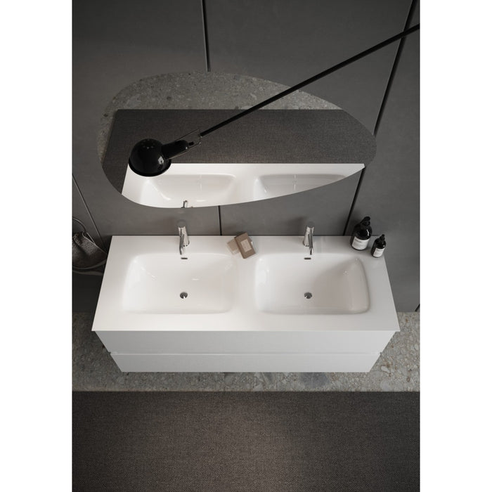 Mobile da bagno sospeso con due lavabi e 2 cassetti, collezione VIENNA. Colore bianco lucido.