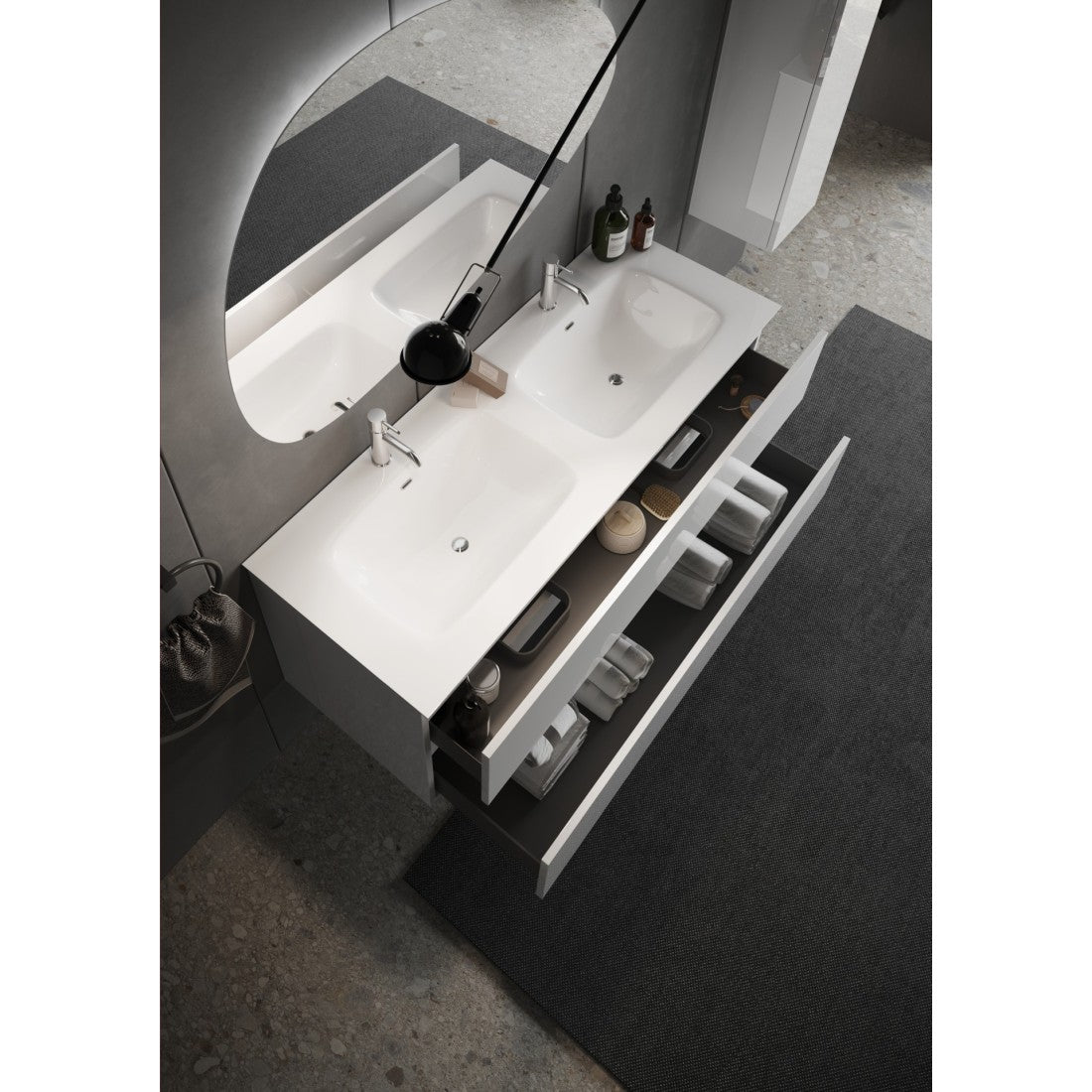 Mobile da bagno sospeso con due lavabi e 2 cassetti, collezione VIENNA. Colore bianco lucido.
