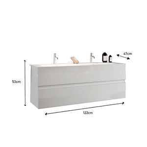 Mobile da bagno sospeso con due lavabi e 2 cassetti, collezione VIENNA. Colore bianco lucido.