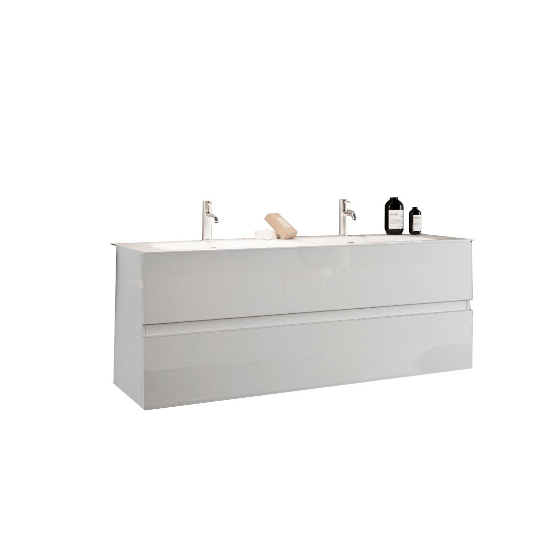 Mobile da bagno sospeso con due lavabi e 2 cassetti, collezione VIENNA. Colore bianco lucido.