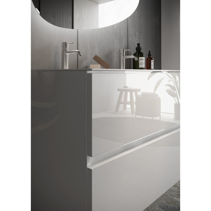 Mobile da bagno sospeso con due lavabi e 2 cassetti, collezione VIENNA. Colore bianco lucido.