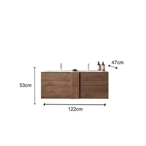 Mobile da bagno sospeso FRASSI – 2 lavabi, 2 cassetti – Colore rovere chiaro – Design moderno