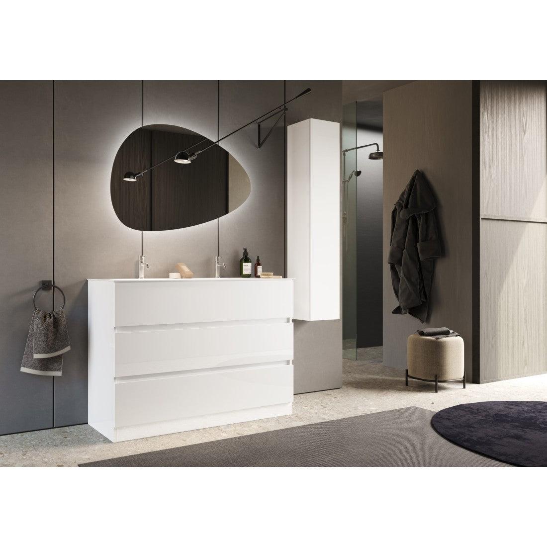 Mobile bagno sospeso VIENNA – 1 porta – Bianco lucido – Design moderno